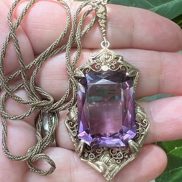 ANTIQUE ART DECO EMERALD CUT AMETHYST STERLING SILVER NECKLACE MADE IN GERMANY - Picture 8 of 16